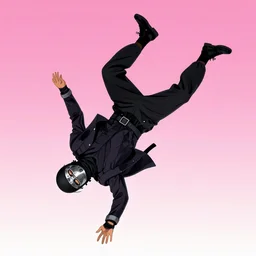 ( ( ( ninja assassin ) ) ), doing a backflip, metallic mask around the mouth, ( ( ( anime ) ) ), fantasy, ( ( ( elegant ) ) ), pink gradient background