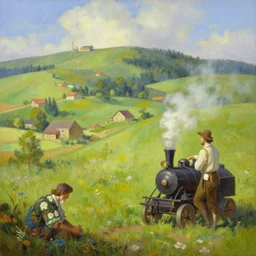painting oil painting fairy tale, steam country, by greg rutkowski and thomas kinkade, trending on artstation