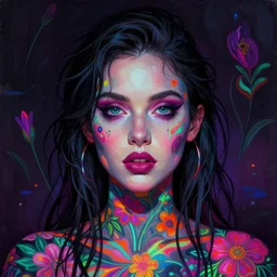 portrait of danneel ackles, hyper detailed masterpiece, neon floral pattern, jean giraud, digital art painting, darkwave goth aesthetic, psychedelic, artgerm, donato giancola and tom bagshaw