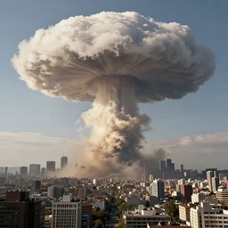 a mushroom cloud hovering over a city far away view concept art