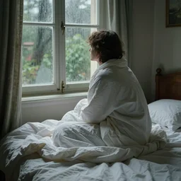 on a rainy day, someone sits in bed, curled up under the covers, looking out the window, artstation, extremely detailed, intricate, cinematic lighting, art by pierre - auguste renoir