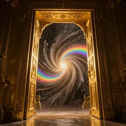 a portal to new universe inside of an ornate door frame, wide angle, golden light, rainbows, vortex, 1 6 : 9,