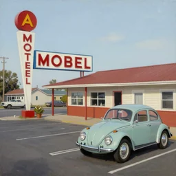 americana 1 9 6 0 s motel with sign and vw beetle in the car park, oil painting by norman rockwell