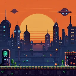 beauiful background painting of night level of a 2 d sidescroller game, in a futuristic city in an alien world, orange sky, video game art, pixel art, concept art, surreal and charming, retro futurism, ultra detailed, cool lighting, trending on artstation