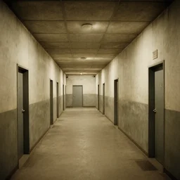 noisy photograph of underground prison cells, office ceiling panels, retrofuturism, brutalism, minimalist, cinematic, soft vintage glow