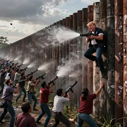 thousands of zombified Mexicans attempt to climb Donald Trump’s Mexican border wall, he sprays his minigun at them wildly with rage