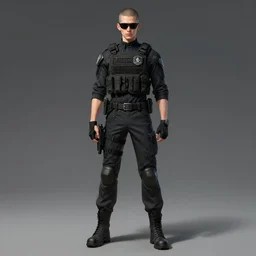 detailed character full body character concept portrait of a skinny buzzcut androgynous handsome federal government agent sunglasses tactical bulletproof kevlar artgerm greg rutkowski mucha