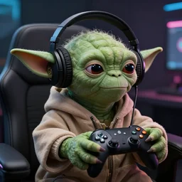 yoda wearing headphones and holding a controller,realistic,photorealistic,hyperdetailed,professional lighting,gaming,professional photography