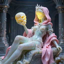 photo of fullbody rococo and cyberpunk delicate neon crystalline sculpture of beautiful curvy onyx albino marble goddess as mint iridescent humanoid deity wearing pink plastic hooded cloak holding an onyx skull in a onyx space dungeon, reclining, glowing yellow face, crown of white diamonds, cinematic lighting, photorealistic, octane render 8 k depth of field 3 d