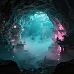 high - tech cave city, volumetric light, foggy, moody, kodak photography, cyan and pink light