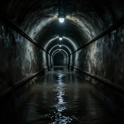 flooded subway tunnel, eerie, creepy, spooky, liminal, liminal space, surreal, dark, dim,