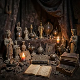 cluttered room full of ancient artifacts candles statues runes books magical arcane instruments dusty dark drapery atmospheric lighting hdr