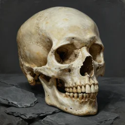 a surrealistic painting of a human skull and the slate theory origin, in the style of zdzislaw beksinski, digital art, detailed masterpiece