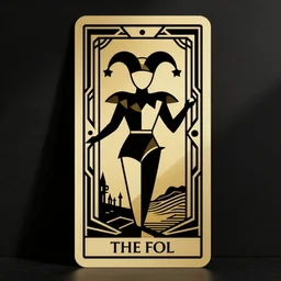 the fool, an art deco tarot card, black and gold on black, symmetrical, geometric, minimal, stark, abstract jester, bold lines, minimalistic, award - winning design, trending on pinterest
