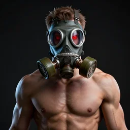 glowwave portrait of muscular man with red eyes and a gas mask, au naturel, hyper detailed, digital art, trending in artstation, cinematic lighting, studio quality, smooth render, unreal engine 5 rendered, octane rendered, art style by klimt and nixeu and ian sprigger and wlop and krenz cushart.