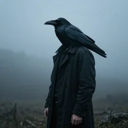 a man with a raven instead of a head standing in the mist, fog, scary