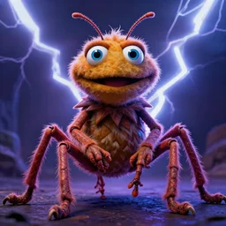 a high quality photo of a strange insectoid muppet god with furry fuzzy body and many segmented legs and hypnotic eyes, lightning in the background, absurdist fantasy, sharp focus, vibrant, vivid, symmetry, highly detailed, cinematic, intricate lines, concept art by giger, lisa frank, alex grey
