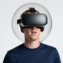 photo of mark zuckerberg wearing a giant oversized large vr helmet toshiba bubble helmet