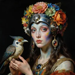 a baroque close - up portrait of a fantasy alien cyborg shaman goddess wearing facepaint and a colorful floral futuristic chameleon visor with metallic technology, holding a bird. black background. studio lighting, big eyes. highly detailed science fiction fantasy painting by norman rockwell, moebius, frank frazetta, syd mead, and sandro botticelli. high contrast. renaissance masterpiece. artstation.