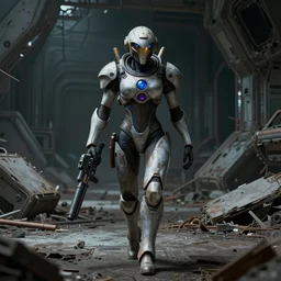 character portrait of samus aran from metroid, walking cautiously through a desolate broken down space station, holding a large gun in one hand with the other hand balancing it, moody lighting, moody colors, in the style of john singer sargent, 8 k, octane render, horror movie, enhance face, dead space