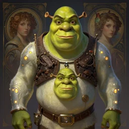 symmetry!! portrait of old shrek, sci - fi, tech wear, glowing lights!! intricate, elegant, highly detailed, digital painting, artstation, concept art, smooth, sharp focus, illustration, art by artgerm and greg rutkowski and alphonse mucha