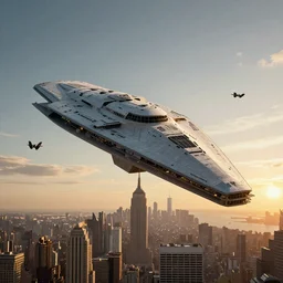3 d point perspective, extreme long shot of a colossal imperial star destroyer hovering over the sky of new york city, tie fighters patrolling, golden hour, deep depth of field, aerial view, the sun on the horizon, award winning photography, 8 k, octane render, unreal 5, hyperrealistic, symmetrical, breathtaking, groundbreaking, intricate digital art, photoshop, cgi art