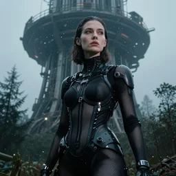 cinestill 5 0 d candid photographic portrait by helen levitt of a feminine android wearing sexy black mesh techwear on a dystopian structure towering above forest, extreme closeup, modern cyberpunk 2 0 7 7 moody emotional horror cinematic, lens flare snow storm, 8 k, hd, high resolution, 3 5 mm, f / 3 2, ultra realistic faces, ex machina