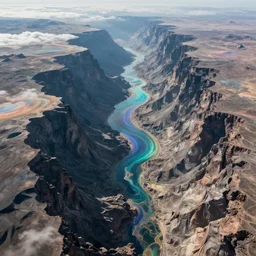 aerial view of an alien world, huge canyons, bizarre geographical features, iridescent clouds, ferrofluid oceans
