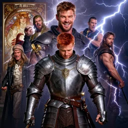 stunning portrait of ( ( ( laughing ) ) ) ( ( ( ( red haired chris hemsworth ) ) ) ) as destruction from sandman looking like kristofer hivju!!, medival armour, by jeremy mann, by frank moth, by jeff easley, by alphonse mucha, dave mckean, thunder & lightning, big muscles, hard lightning, high detailed, 8 k