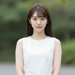 A middle-shot from front, color outdoor photograph portrait of a young Japanese woman in sleeveless white shirt is standing in the rain, ambient lighting, 1990 photo from Japanese photograph Magazine.
