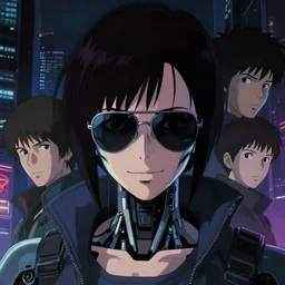 a film still of a japanese cyberpunk girl with a smirk, finely detailed features, cyborg parts, aviators, closeup at the faces, dramatic cinematic, at cyberpunk city, ghost in the shell, cinematic lighting, in danger, noir, trending on pixiv fanbox, painted by greg rutkowski makoto shinkai takashi takeuchi craig mullins, alphonse mucha, studio ghibli, pixiv