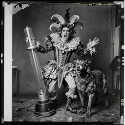 damaged kodak portra 4 0 0, wetplate, photo of a screaming bob ross at vacuum, weird fashion, grotesque, extravagant dress, strange pose, carneval, with an animal, wtf, photographed by paolo roversi style