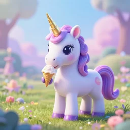 an ultra high definition pastel coloured documentary photograph of a magic unicorn with a glittery magic horn eating an ice cream in a magical field. refraction, volumetric lighting iridescence.