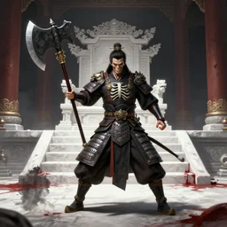 character concept, full body, dynamic pose, tang dynasty mingguang armor, skeleton general, a long sword, a giant axe, dark fantasy palace of bad omens, a chinese throne, white stone steps seeping blood, 3 d, unreal engine, maxfield parrish and marco mazzoni, trending on artstation