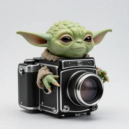 photograph of a Yoda inspired medium format TLR camera!!! . very detailed. plain background. 8K . still life photo. elegant vintage design.