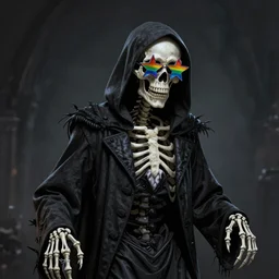 evil tall skinny death skeleton grim reaper wearing tuxedo with star shaped rainbow glasses, illustration, 8k, ultra high definition, ultra realistic, extreme detail, cinematic, dynamic lighting, photorealistic, refined, intricate, digital art, digital painting, masterpiece, 8k