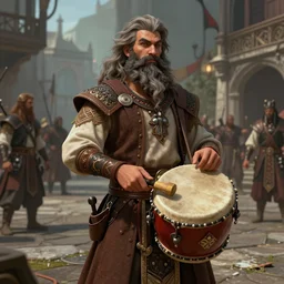 Male Naga-Hashka (from D&D)  bearded bard holding a drum, ornately dressed, standing in populated Baldur\'s Gate city square, hyperdetailed, artstation, cgsociety, 8k