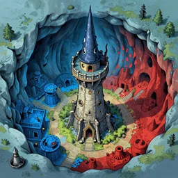 Aerial view of a wizard tower surrounded by a blue cave, a red cave, a blue mine and a red mine, lineart, colored