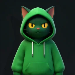 a hacker cat, green hoodie accomplished look, dark background, shadows, portrait, fantasy, matte painting, bold shapes, hard edges, octane render, unreal engine