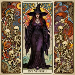a beautiful mysterious witch in hell surrounded by skeletons by eve ventrue, michael carson, andreas rochas, john watkiss, caseyweldon, artgerm. art nouveau. tarot card mucha. gloomhaven. swirl intricate lines background. brilliant colors, sharp edges. octane rendering