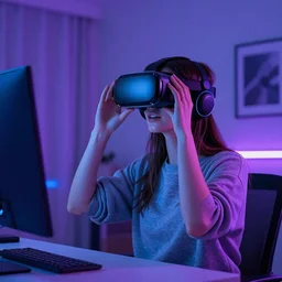 digital art of a woman playing with a vr headset in a blu and purple lit neon room