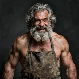 portrait painting of a muscular greying jolly old man with a big beard wearing a dirty apron, ultra realistic, concept art, intricate details, eerie, highly detailed, photorealistic, octane render, 8 k, unreal engine. art by artgerm and greg rutkowski and charlie bowater and magali villeneuve and alphonse mucha
