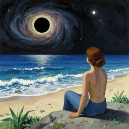 viewing a Tori in the shore of the galactic ocean with a nearby black hole,conceptart,Jean Giraude,Enki Bilal,Roger Dean