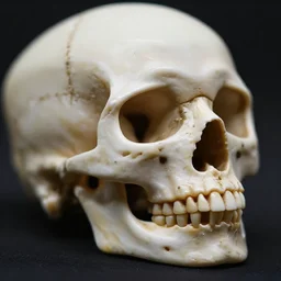 a tiny human Skull, black background, close-up macro photography, bokeh, shallow focus