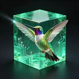 symmetry!! hummingbird goddess, solid cube of light, hard edges, product render retro emerald - futuristic poster scifi, lasers and neon circuits, beautiful hummingbird, intricate, elegant, highly detailed, digital painting, artstation, concept art, smooth, sharp focus, illustration, dreamlike, art by artgerm