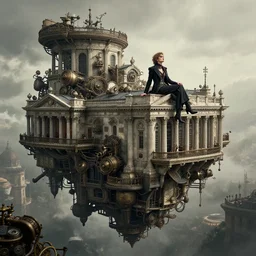 the amazing floating neoclassical city, fantasy, steampunk, a fashion icon is sitting on the top of a roof. intricate, amazing composition, gloomy by emmanuel lubezki