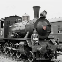 A teenage Indian female train driver, posing with her steam train, 1939