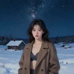 face portrait of a beautiful girl in a coat and bra, close portrait, snow - covered small house in a background, night, stars in the sky, the milky way in the sky, winter landscape, painting by craig mullins, octane rendering, wide angle lens, in the style of hayao miyazaki, trending on artstation,
