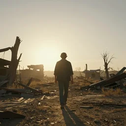 man wandering through post - apocalyptic landscape, cinematic, magic hour, backlit, frames from a movie