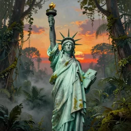 statue of liberty reclaimed by the jungle covered with moss , surrounded by tall vines in oversized misty jungle, dramatic sunset and dramatic sky , very detailed oil painting by frazetta, low angle, postapocalyptic panorama.asthetics !